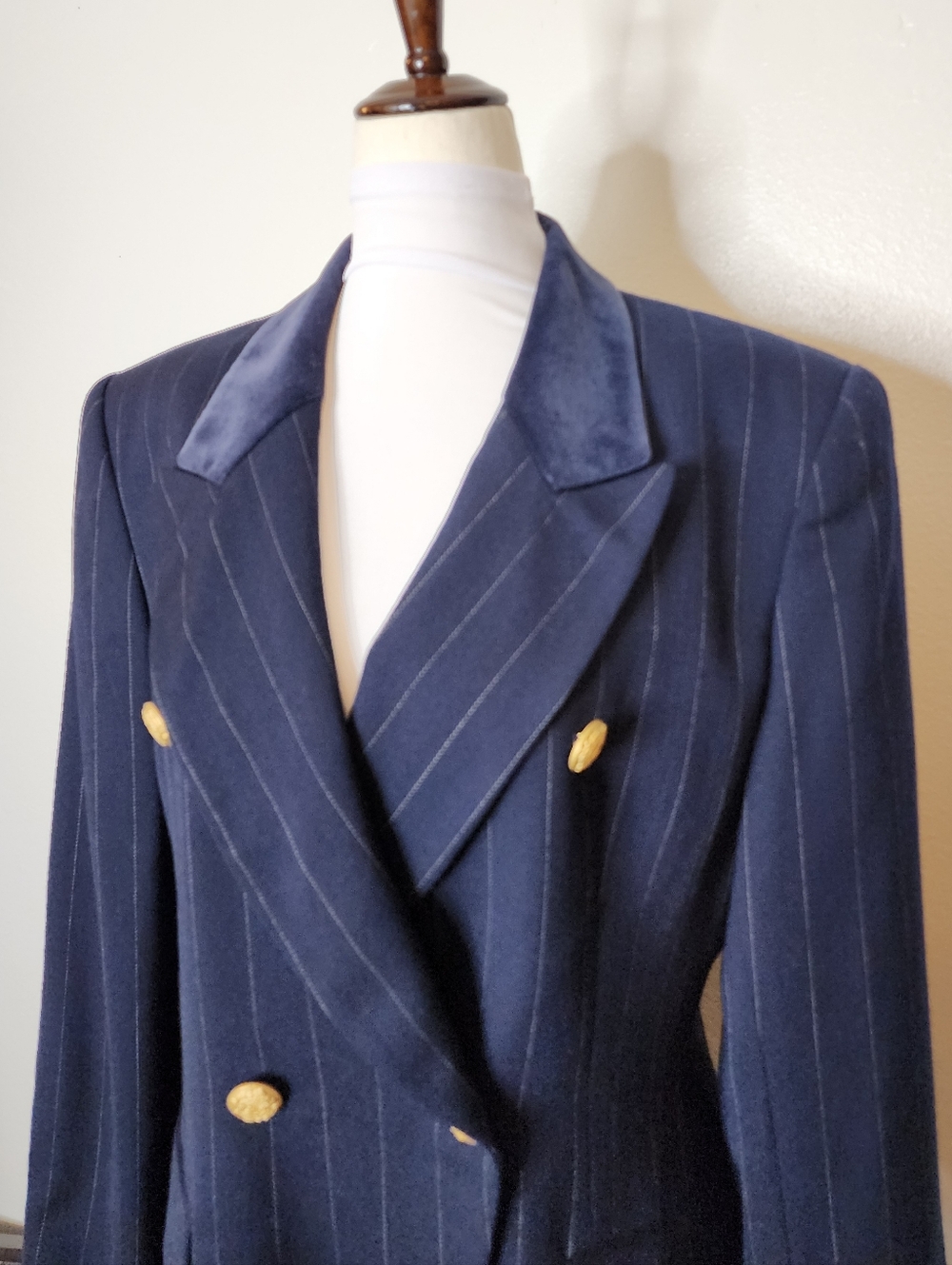 Jones New York Blazer Dsrk Blue Pinstripe Tailored Tuxedo Military Jacket Office - Picture 4 of 16